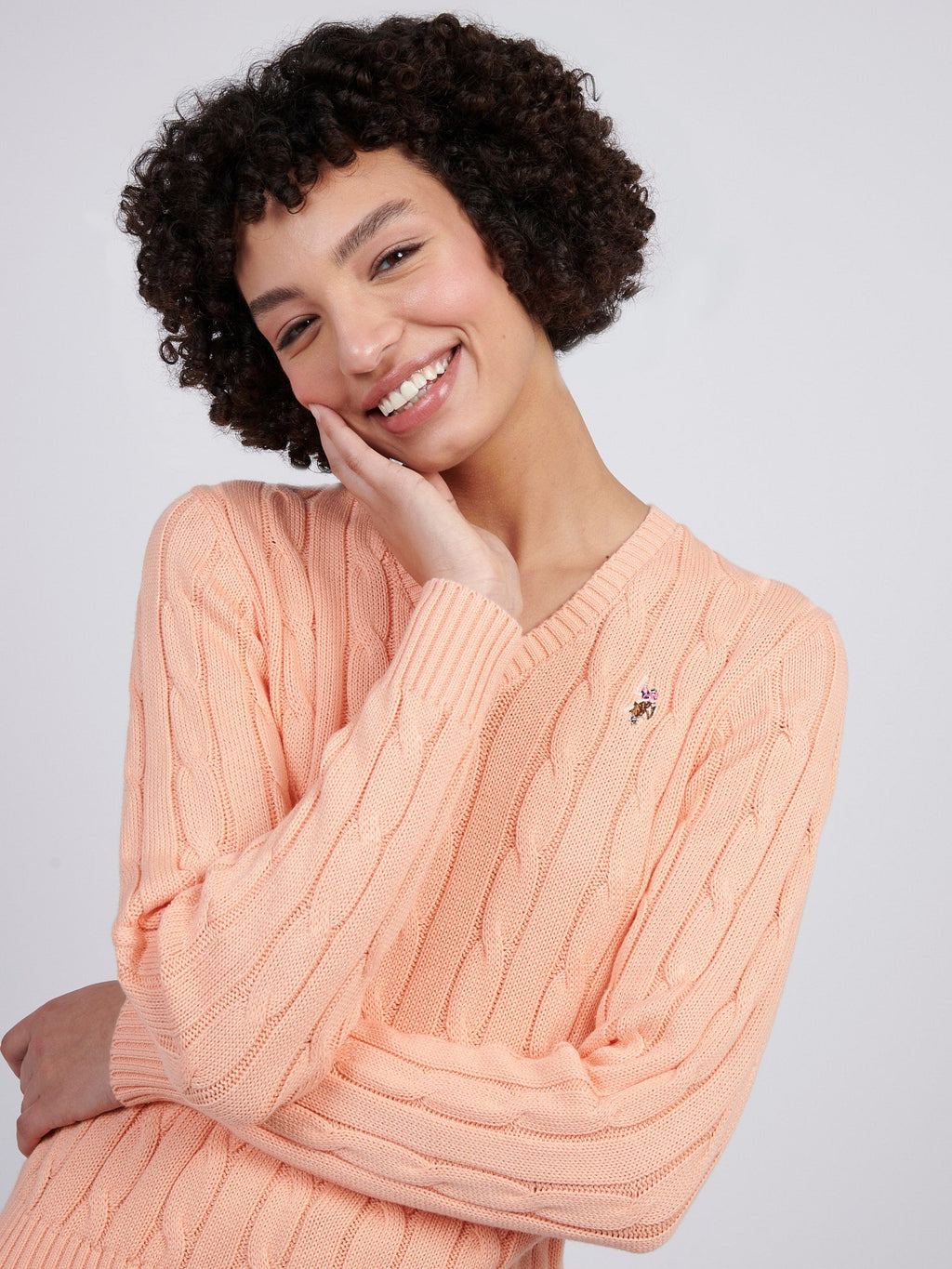Womens V-Neck Cable Jumper Peach Nectar