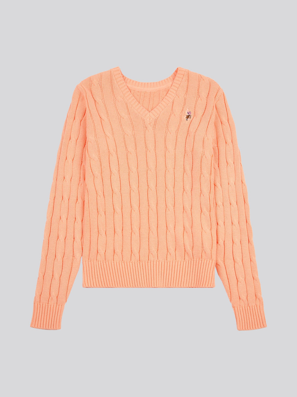 Womens V-Neck Cable Jumper Peach Nectar